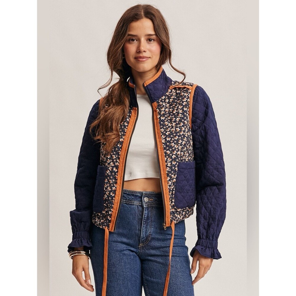 NWT Forte Quilted Floral Zip Jacket in Navy Size Small